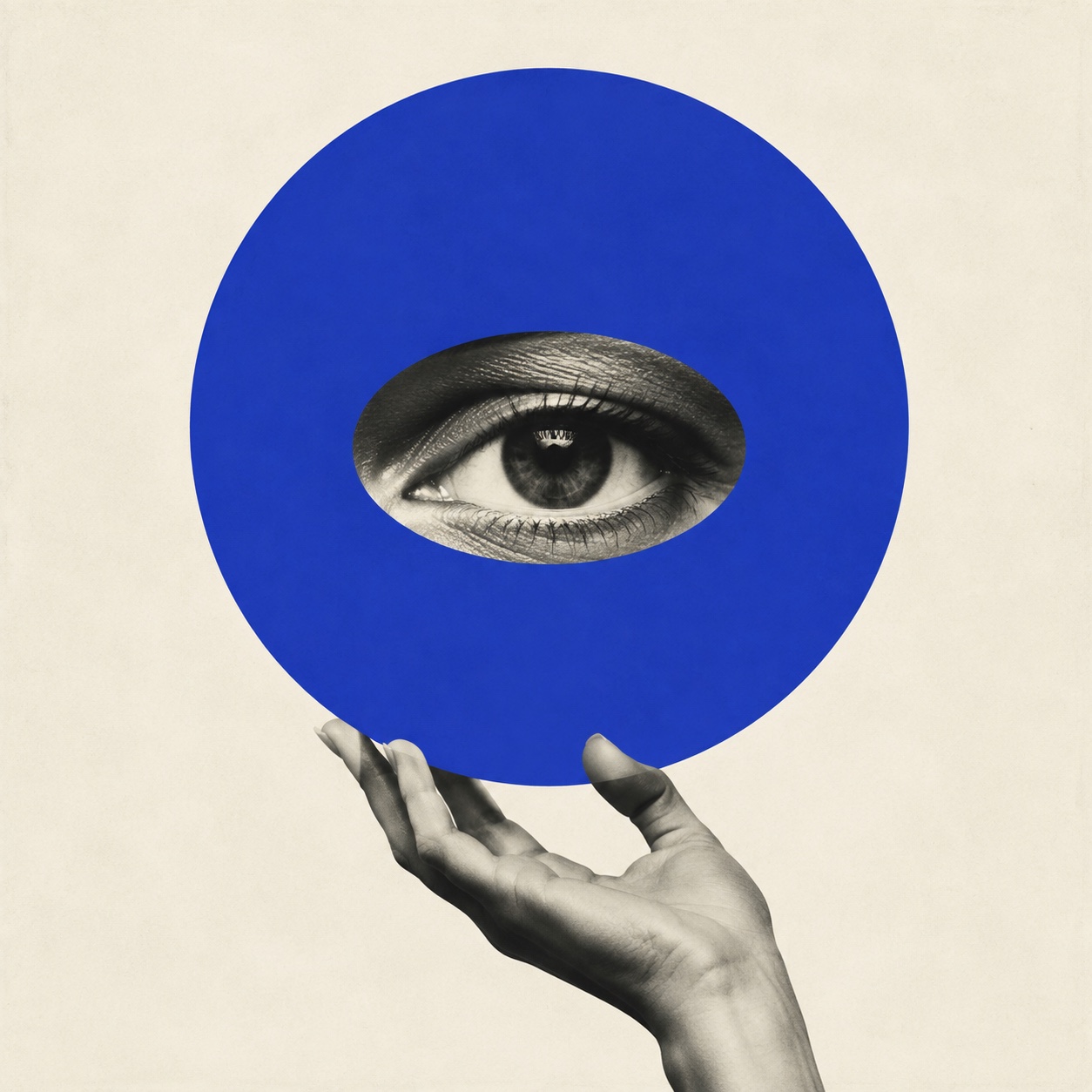 A photographic eye within an ultramarine disc, held by a hand in an archival collage.